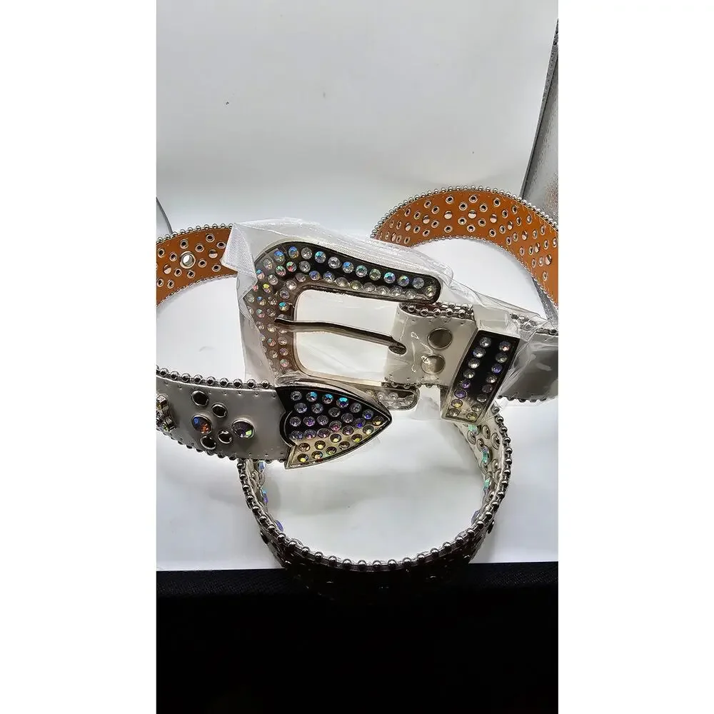 Luxury Western Cowboy Rhinestone Rivet Belt Faux Leather Bling UNISEX 45" - Picture 1 of 5